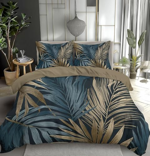 TDNEKMCA Double Size Blue Brown Palm Leaves Printed Duvet Cover Set bedding Set 3 Pcs Soft Microfiber Elegant Tropical Duvet Cover with 2 Pillowcases and Zipper Closure 200x200cm