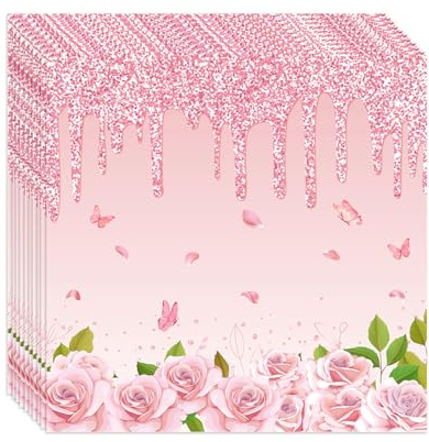 ParPix 20 Stück Rosa Servietten Geburtstag, 33x33cm Servietten Blumen, Rose Geburtstagsservietten, Servietten Happy Birthday, Hochzeit Papierservietten, Pink Geburtstags Party Papierservietten