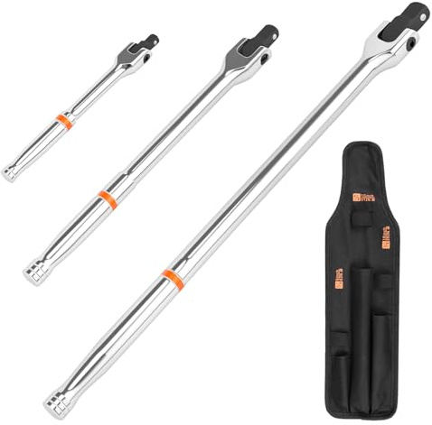 180° Rotatable Head Breaker Bar Set 1/4 3/8 1/2 Drive Breaker Bar Sturdy Extension Breaker Bar Set Telescopic Breaker Bar Flexible Knuckle Socket Wrench for Construction, Industrial, Automotive