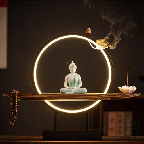 Große buddhistische Statue mit künstlichem Baum und LED-Kreis-Tisch, Buddha-Figur-Lampe, Wandleuchte, 3D-Wandleuchte, Zen-Licht, Wanddekoration, hängende Kunstwerk, Wandkunst für Wohnzimmer