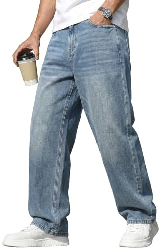 Muwodkdn Jean Baggy Homme Jeans Skater à Jambe Large Y2K Streetwear Vintage Mode Jeans Droite Loose Fit Pantalon en Denim avec Poches Hip-Hop Pants Décontracté Bleu Clair M
