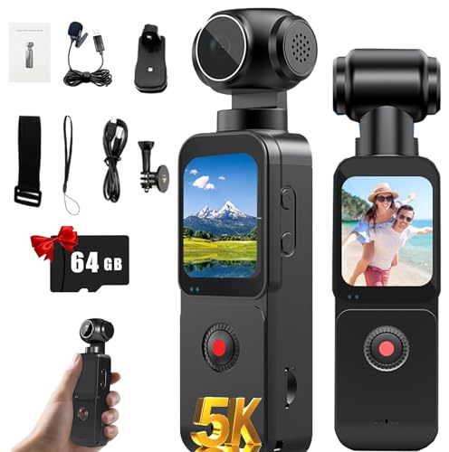 5K Vlogging Camera,Pocket Camera with 1.69 Touch Rotatable Screen,270° Rotatable Lens, External Microphone,64GB TF Card