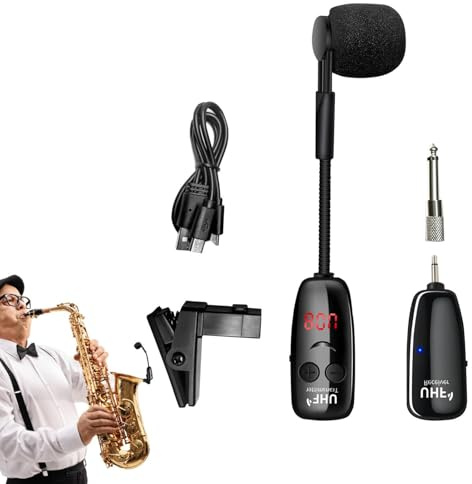 Kabelloses Saxophon-Mikrofon, LED-Digitalbildschirmempfänger, bis zu 50 m Reichweite, zum Anklippen, kabelloses Akustikgitarren-Mikrofon, für Gitarre, Klavier, Flöte, Trompete, Bassinstrument