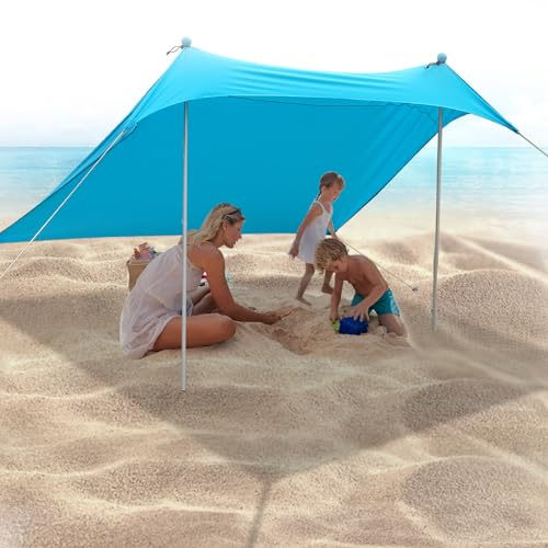 JAICOM Strandtält, 2,1 m x 2,1 m solskydd, UPF50+ UV-skydd med aluminiumstödstång bärbart strandskydd för strand, camping, innergård, fiske