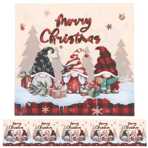 FRCOLOR 20 Stück Einweg Weihnachtsservietten mit Gnom Motiv Karierte Papierservietten für Party und Tischdekoration Festliche Servietten für Weihnachten