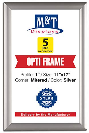 M&T Displays Opti Snap Poster Frame 11x17 Inch Silver 1 Aluminum Profile Front Loading Wall Mounting Photo Picture Document Certificate Sign Holder Mitered Corner Anti Glare Cover (5 pack)