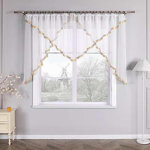 HongYa Kuvertstore transparenter Voile Gardine mit Satinbänder Kräuselband Vorhang H/B 120/300 cm Sand