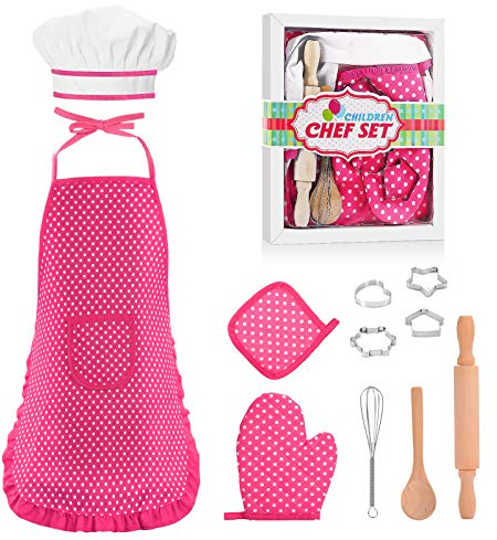 Toyze Popular Gifts for 2-8 Year Old Girls Boys, Chef Costume Set for Kids Apron for Girls Kids Chef Hat and Apron Toddler Cooking Toys Birthday Xmas Gifts for kids Stocking Stuffer for Toddlers Pink