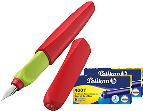Pelikan Twist Füllhalter rot/Griff grün/Feder F (Universell für Rechts- und Linkshänder) + 10 Großraum Patronen