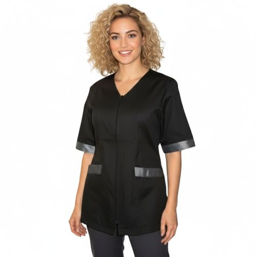 petersabitidalavoro Blouse de travail noire avec insert, pour femme, veste à fermeture éclair, pour esthéticienne ou coiffeuse., Noir , Medium