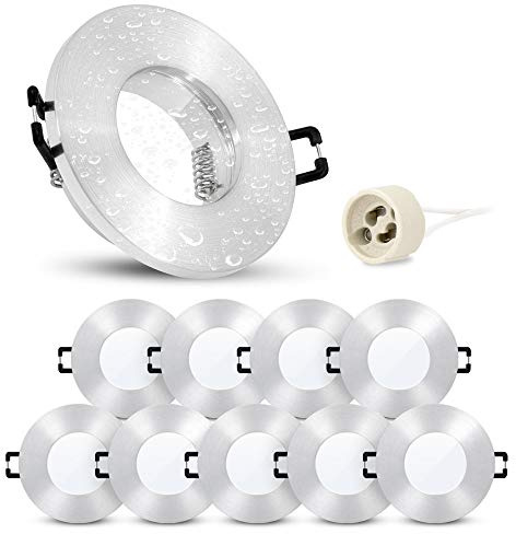 linovum ISASO Einbaurahmen 10er Set IP65 Alu gebürstet GU10 ohne Lampe | Zehn Deckenrahmen IP65 Alu gebürstet - mit Glasscheibe & Dichtung für Bad, Dusche & außen, für GU10, inkl. Fassung