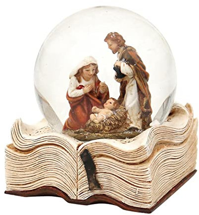 Schneekugel mit Heilige Familie auf Buch, Maße H/B/Ø Kugel: ca. 9 x 7,5 cm/Ø 6,5 cm.