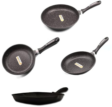 Schumann Professionnel - Lot 3 Poêles 20/24/28cm - Grill 28cm Revêtement Pierre - Compatibles Tous feux dont Induction - Fonte d'Aluminium Sans PFOA - Manches Fixes & Amovibles - Couvercles Non-Inclus