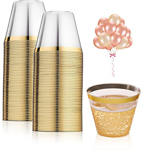 Pomeloone 50 Pcs Gobelets Réutilisables Transparents avec Bord en Or pour Décoration Intérieure, Fêtes, Mariages, Anniversaires, Camping, Pique-Niques - 255ml