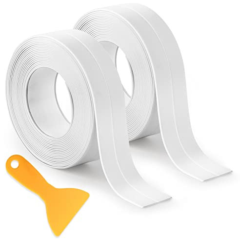 Bath Sealant Strip, Self Adhesive Waterproof Sealing Tape, 2 Roll 3.2m * 2.2cm Bathroom Sealant with Scraper Tool, Worktop Caulk Strip for Kitchen, Toilet, Sink, Bathtub (6.4m white)