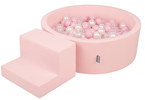 KiddyMoon Area di Gioco in Schiuma con Tondo Piscina di Palline (100 Palline) per Bambini, Rosa:Rosa Chiaro/Perla/Trasparente