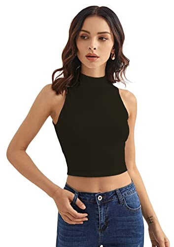 Shasmi Mujeres y niñas Casual Cuello alto sin mangas sólido Crop Halter Tank Top (Top 37), negro, 36