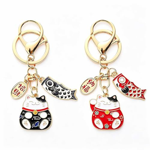 Hoshisea 2 Stücke Katze Glücksbringer Anhänger, Glückliche Katze Schlüsselbund, Anhänger Schlüsselanhänger, für Geldbörse Ornamente, Schlüsselbund, Geschenk