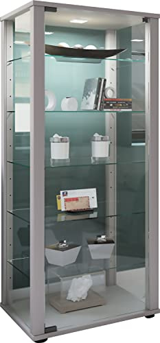 VCM Glasvitrine stehend | Vitrine Glas mit ESG-Sicherheitsglas | Maße ca. H. 115 x B. 50 x T. 38 cm | Standvitrine Glas | Modern und platzsparend | Glas Vitrinenschrank – Kavisa L Silber