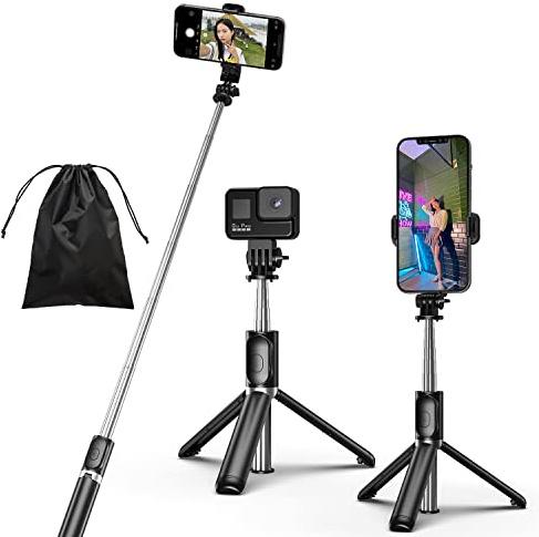 HCTian Perche Selfie, 4 en 1 Selfie Stick Trépied Monopode Réglable Télescopique Réglable avec Télécommande Amovible Compatible avec iPhone et Android Gopro Camera