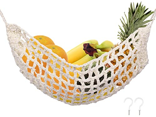 SAVITA 31,8x40,6 cm Hamaca Frutas, Fruit Hammock con 2 Ganchos 100% Algodón Tejido a Mano Ahorro de Espacio Cesta de Frutas Debajo del Gabinete para Cocina Barco Almacenamiento