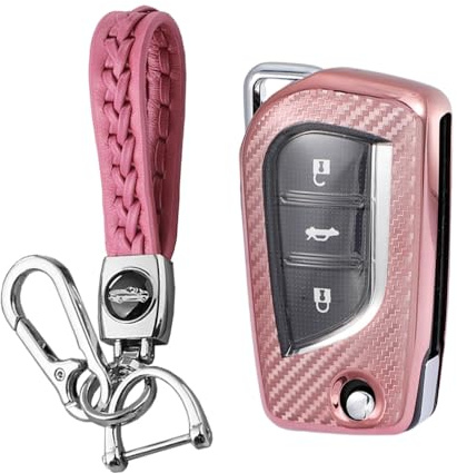 KUNIO Klapp Schlüsselhülle Passt für Toyota Yaris Aygo Passt für Peugeot 108 Passt für Citroen C1 TPU Kohlefaser Schutzhülle Autoschlüssel Hülle Schlüsselanhänger 2 Tasten Rosa