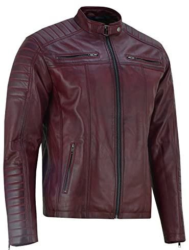 Vance The Leather Company Giacca da motociclista da uomo in vera pelle, 100% pelle di agnello, rosso scuro, L