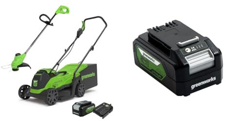 Greenworks Electric Lawn Mower 24V 33cm 30L Grass Catcher Box GD24LM33 and Cordless Grass Trimmer 25 & 24V Battery. Original Rechargeable Powerful Battery. Suitable for All 24V Gard