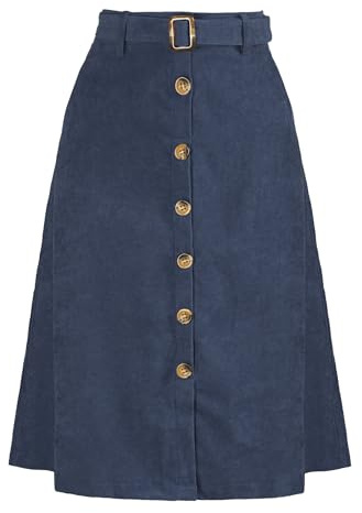 Allegra K Womens High Waist Button Front A-Line Belted Corduroy Midi Skirt Medium Dark Blue