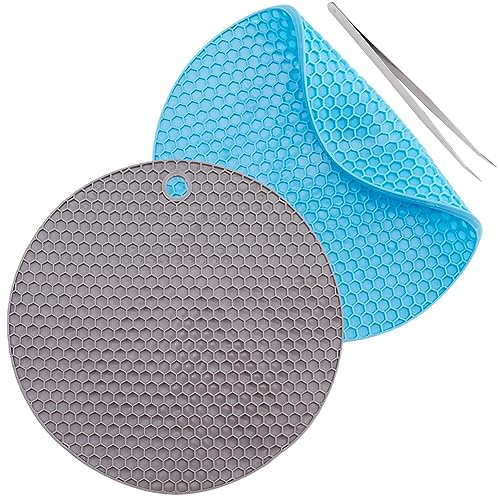 GORGECRAFT 2Pcs Round Doming Mats Rubber Trivet Mats Nonslip Insulation Honeycomb Heat Resistant Pad Large Coasters Pot Holder Set with 1Pc Beading Tweezer for Hot Dishes DIY Jewelry Making Grey Blue