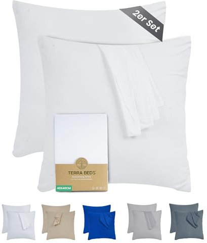 Terra Beds Kissenbezug 40x40 (Set mit 2) - 100% Baumwolle Jersey 160 g/m2, Oeko-Tex Zertifiziert - Kopfkissenbezug für Kissen 40x40 mit Reißverschluss, weich und atmungsaktiv - (Weiß)