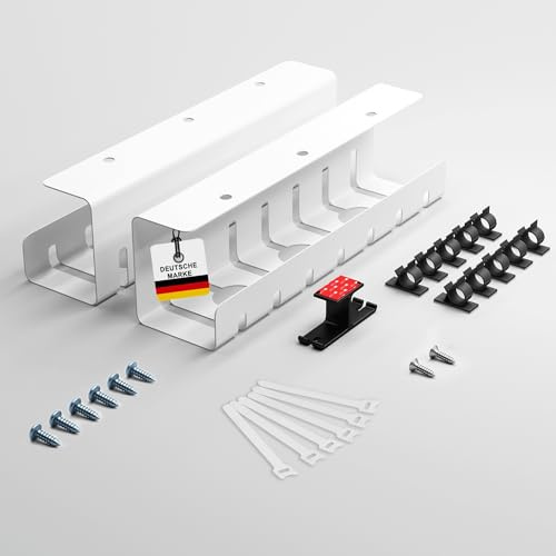 Albatros Kabelkanal Schreibtisch Weiss Komplettset D mit Kopfhörerhalter - Kabelmanagement Schreibtisch für mehr Ordnung und Produktivität - Kabel Organizer für optimale Kabelführung