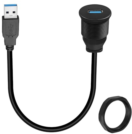 QIANRENON USB3.0 Gewinde Fest Montage Kurzes Kabel Adapter USB3.0 Stecker auf Buchse Eingebettet Montage Auto Kabel Anschluss 5Gbps 5V/2A Aufladen, für Armaturenbrett eine Auto/RV/Boot, 30cm/11.8in
