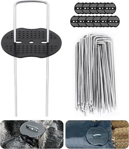 50 Stück Erdanker Bodenanker,150x40mm,Verzinkter Stahl Anti-Rost Erdnägel | 50 Stück Pufferscheibe,Erdanker,Heringe Ant, Bodenanker Heringe für Unkrautvlies Gartenvlies Camping