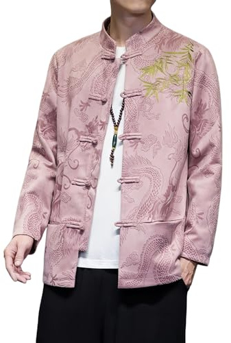 Tang Suit Men Jacket Chinese Hanfu Traditional Tang Suit for Men Kung Fu Shirt Uniform Long Sleeved Coat Tops and Pants(Pink,5X-Large)