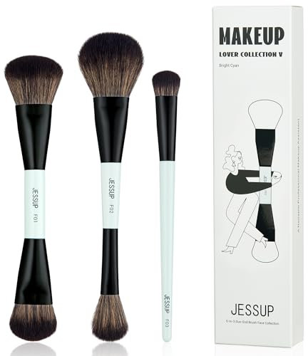 Jessup Set Brochas de Maquillaje Facial,3pcs Juego Pinceles Maquillaje de Doble Punta para Base Contorno Rubor Resaltador y Corrector Set Brochas Veganas Premium Cian Brillante T503