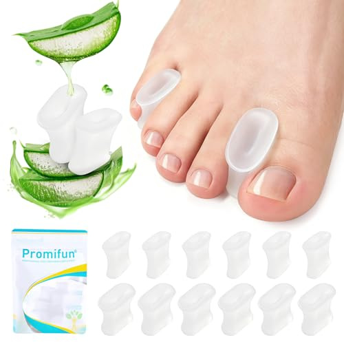 Promifun Gel Zehenspreizer – 12 Stück Aloe Vera Extrakt infundierte Silikon-Zehenspreizer zum Glätten überlappender Zehen, Ballenzehen, Schwielen （Clear，Multi-Size）