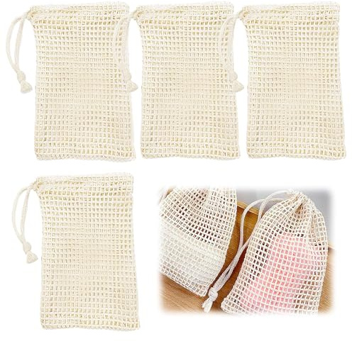 4 Stück Seifensäckchen, Seifenbeutel für Feste Seife, Extra Großes Seifennetz für feste Shampoos und Seifen, Seifensack aus Natürlichem Sisal, Baumwolle und Holz, Seifennetz mit Kordelzug