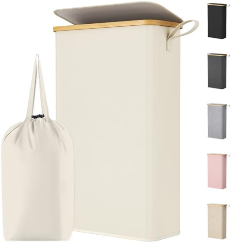 Lifewit 65L Slim Laundry Basket with Lid, Narrow, Removable Bag, White | Bamboo Handles, Foldable Thin Laundry Bin, Dirty Clothes Hamper for Laundry, Bathroom, Bedroom and Dorm