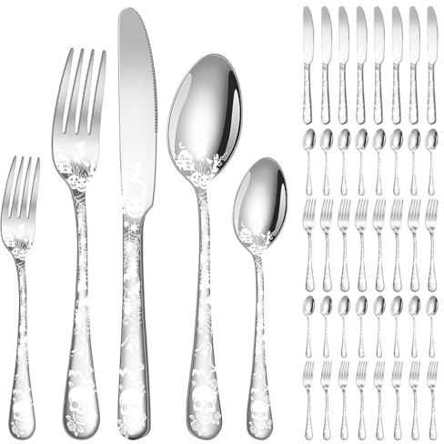 XIAOYU 40-Piece Halloween Themed Skeleton Silverware Set, Metal Flatware Set Serving for 8, Gothic Unique Skeleton Pattern Design, Durable Cutlery Set for Halloween Easter Christmas, Silver