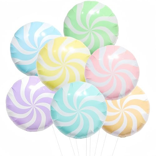 7 Colors Macaron Candy Balloons 18 Inch/Round Lollipop Foil Balloons for Spring Easter/Rainbow Candy Themed Party Decor for Candyland Birthday Baby Shower/Candies Swirl Helium Foil Balloons