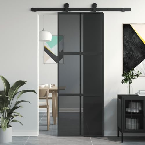 Homgoday Puerta corredera Vidrio Templado y Aluminio Negra 76x205 cm Puerta Corredera Puerta Corredera de Cristal Puerta Corrediza Moderna para Sala de Estar Negro
