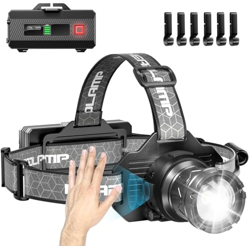 FYONIO Torcia da testa ricaricabile, 3.000 lumen, super luminosa, a LED, con sensore di movimento, 9 modalità di illuminazione, faro zoomabile, lampada regolabile a 90° per campeggio, escursionismo