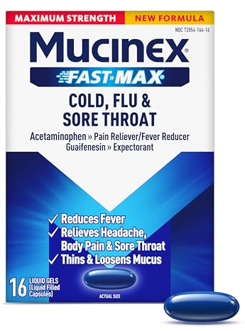 Mucinex Fast-Max Maximum Strength Cold, Flu & Sore Throat Medicine for Adults, Powerful Over-The-Counter Medication for Chest Congestion & Cold and Flu Symptoms, Fast Dissolving Liquid Gels, 16 Count