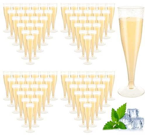 AKOLAFE 100 stycken champagneglas plast, 160 ml champagneglas, återanvändbara champagneglas med guldglitter, BPA-fritt champagneglas, transparent, stapelbara champagneglas, rosa för bröllop