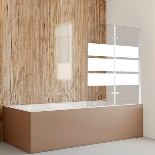 Vkechh Parete divisoria doccia per vasca da bagno, 100 x 140 cm, 2 pezzi, pieghevole, con vetro di sicurezza ESG da 6 mm, per vasca da bagno e doccia, strisce bianche, in vetro con inserto per vasca