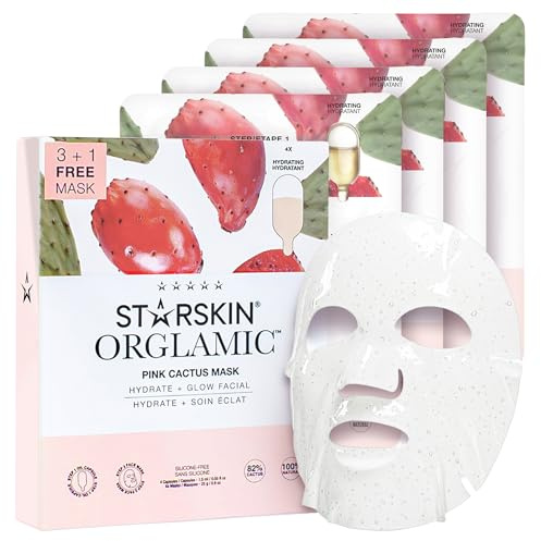 STARSKIN Orglamic Pink Cactus 2-Step Sheet Mask 4x25g, Hydrating & Firming Face Mask for all Skin Types, Revitalizing and Nourishing with Tumeric and Camellia Oil, K Beauty Skincare