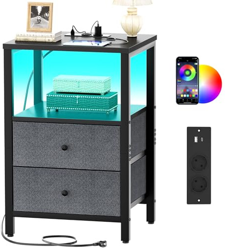 iSunirm Comodino Camera da Letto con Stazione di Ricarica e LED, Tavolino Laterale Moderno con 2 Cassetti in Tessuto, Comodino Piccolo per Camera o Soggiorno comodini Camera da Letto