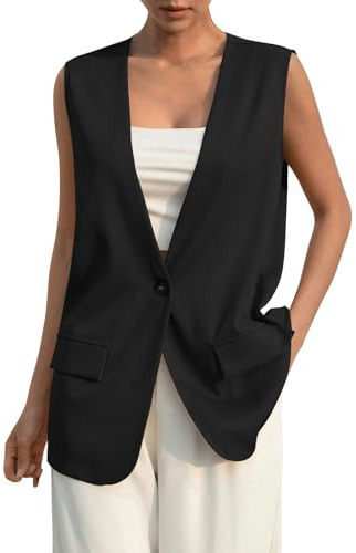 Generisch Blazer, gilet da donna senza maniche, lungo, in tinta unita, da ufficio, con scollo a V, elegante, con un bottone, con tasche