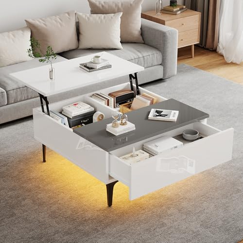Luxeza Couchtisch, höhenverstellbarer Kaffeetisch mit verstecktem Stauraum und Ablagen, Hochglanz-Wohnzimmertisch, Schreibtisch mit LED, Sofatisch mit Schubladen 70 * 70 * 35cm (weiß)